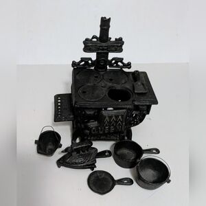 Cast Iron Antique Stove Miniature Vintage Saleman Sample Black 7 Accessories